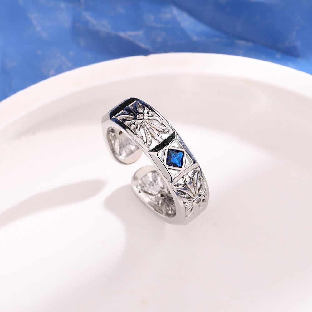 Ladies Adjustable Hollow Flower Square Zircon Open Rings Jewelry