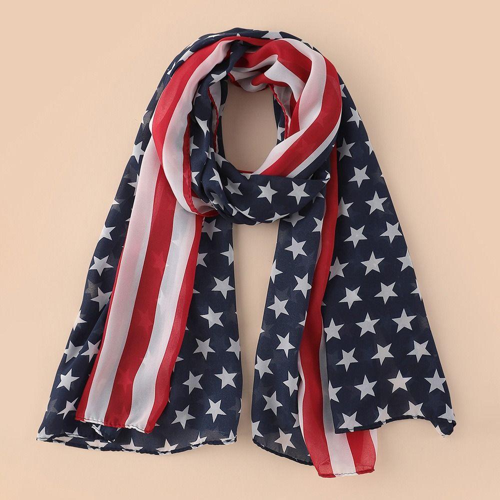 Classic American Independence Day Flag Scarf Sun Protection Five Pointed Star Design Chiffon Scarf Windproof Beach Scarf Women's
