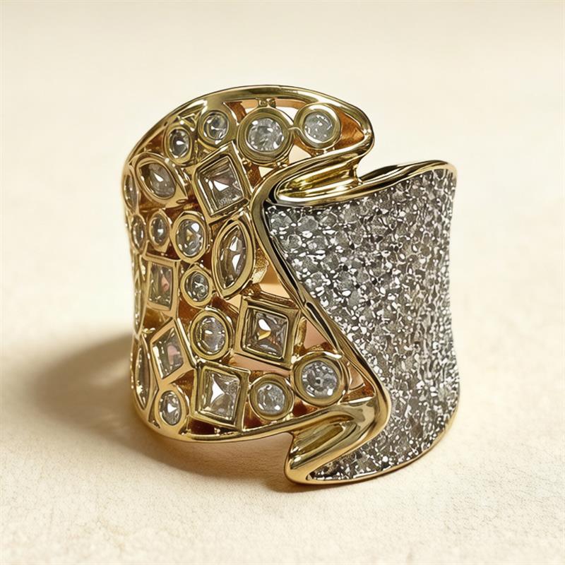 Huitan Asymmetric Women Ring Geometric Design Party Club Statement Full Shiny Cubic Zirconia Accessories Luxury Trendy Jewelry