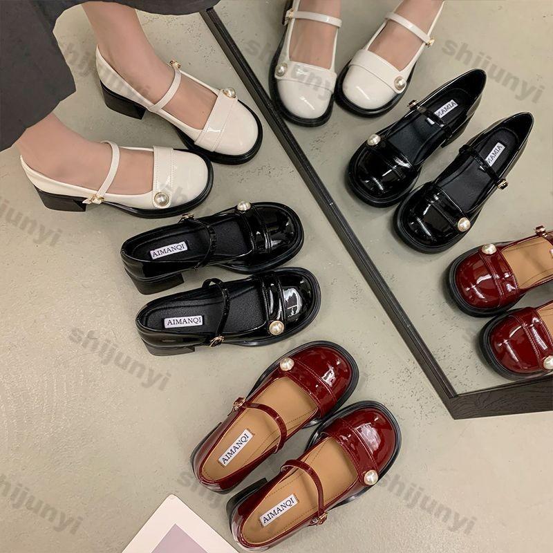 Fashion Women High Heels Mary Jane Shoes New Design Spring Autumn Soft Patent Leather Shoes Female Buckle Round Toe Chunky Single Shoe