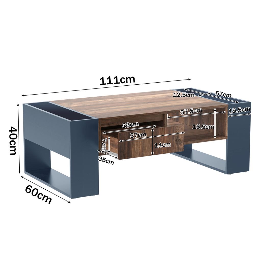Coffee Table with Wood Grain, Handle-less Drawer, Storage Compartment and Rear Storage Compartment, Storage On Both Sides, Anthracite.