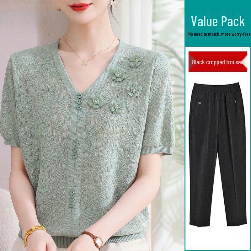 2026 Summer Ice Silk Blouse & T-Shirt Set for Moms and Seniors