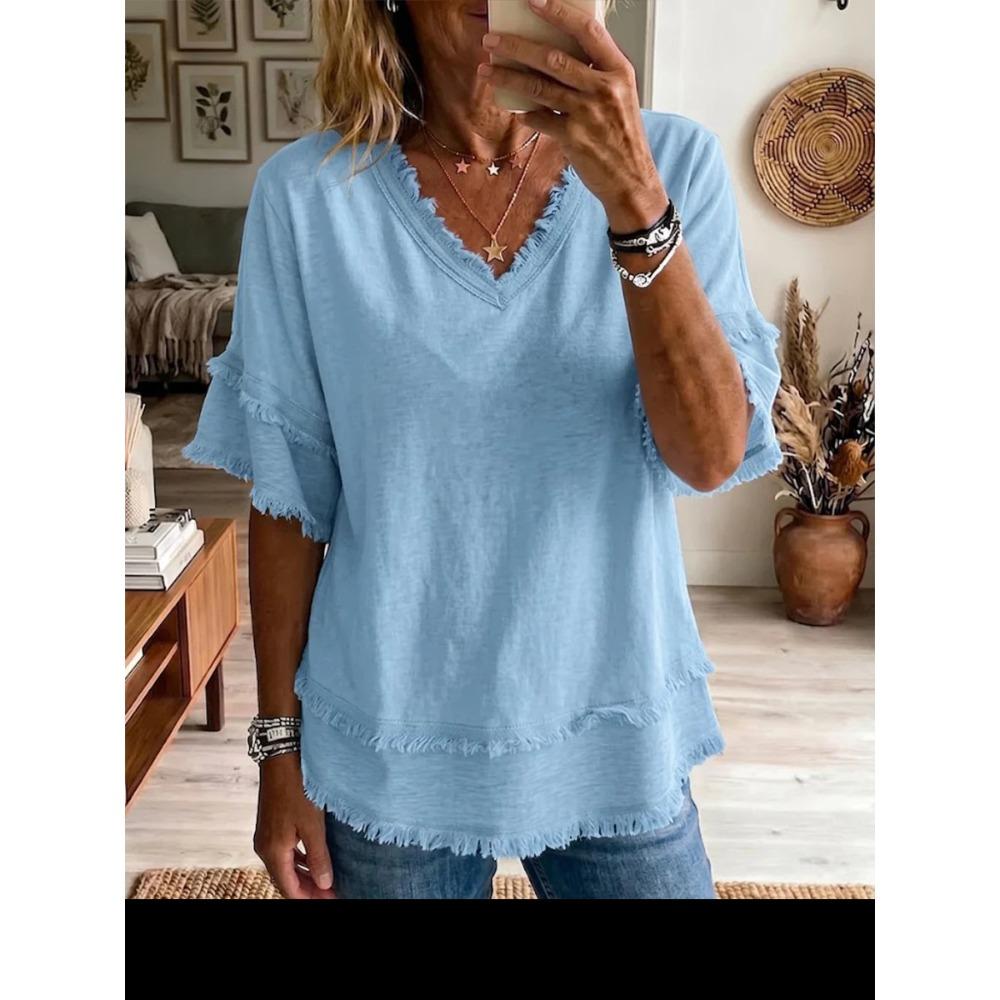 Women V Neck Pullover Short Sleeve Blouse Loose Fit Casual Daily Tops