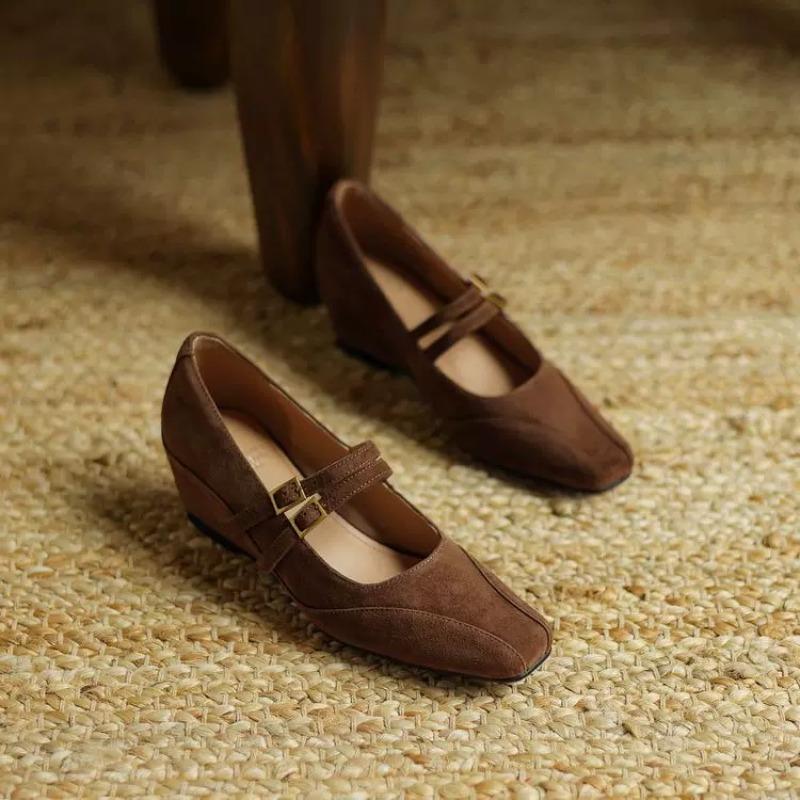 New Inside Heightened Single Shoes Women's Square Toe Shallow Mouth Double Buckle Lace-Up Mary Jane Single Shoes