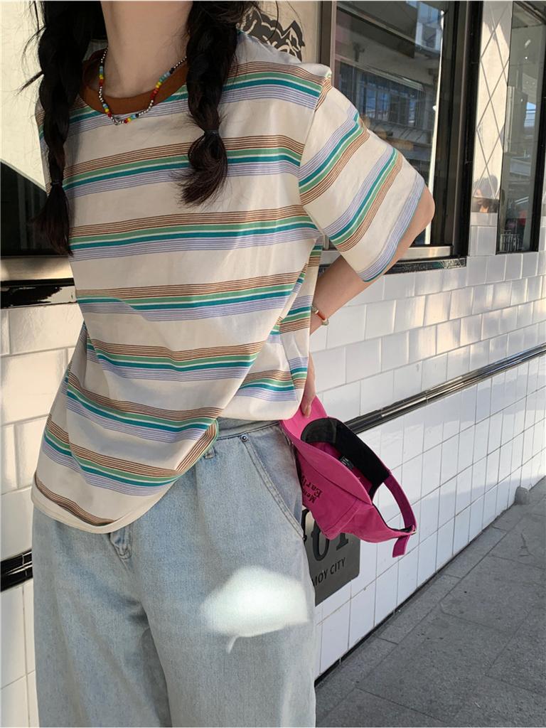 Retro Striped Round Neck Short-sleeved T-shirt Spring and Summer New Women's Loose Short-sleeved T-shirt