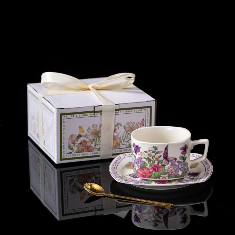 Violet Cup And Saucer Ceramic Retro Light Luxury Coffee Cup And Saucer Set Iris Water Cup Activity Gift Box