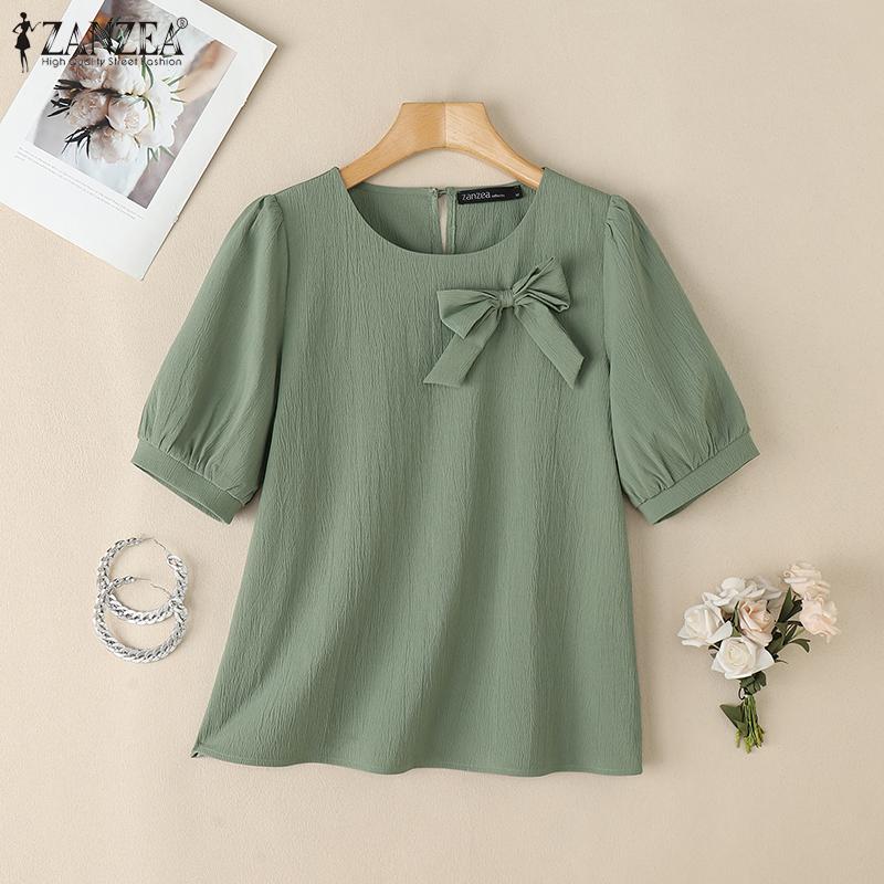 ZANZEA Women Casual Round Neck Summer Short Sleeve Blouse