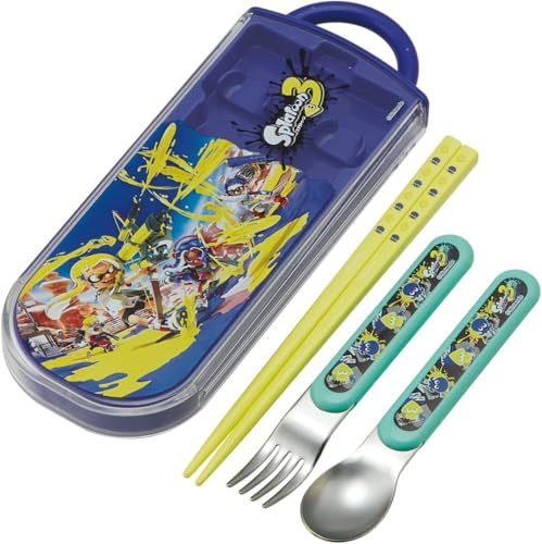 Splatoon 3 Trio Set: Chopsticks, Spoon, Fork, Bento Chopstick Case, Slide-out Chopsticks, Made in Japan, Dishwasher Safe, Antibacterial, Splatoon Set