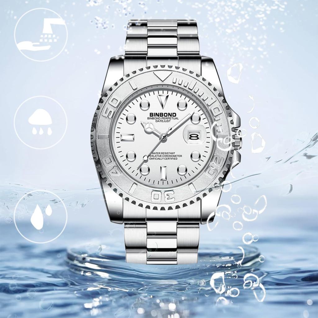 Silberne Wasserdichte Quarzuhr mit Kalender Leuchtende Analoguhr mit Drehbarer Edelstahllünette Schlicht und Stilvoll für Freizeit- und Geschäftskleidung