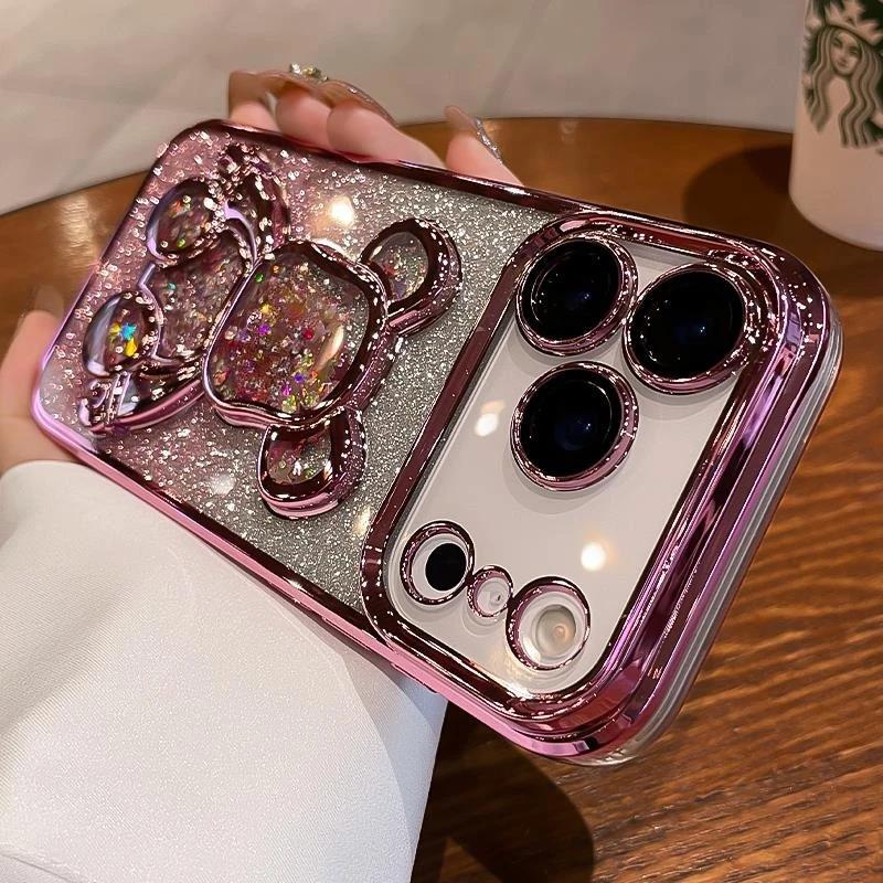 Niedliche Vergoldung Treibsand Bärenhülle für iPhone 17 16 15 14 13 12 11 Pro Max Plus Air Luxus Glitzer Bling Kameraschutzhülle