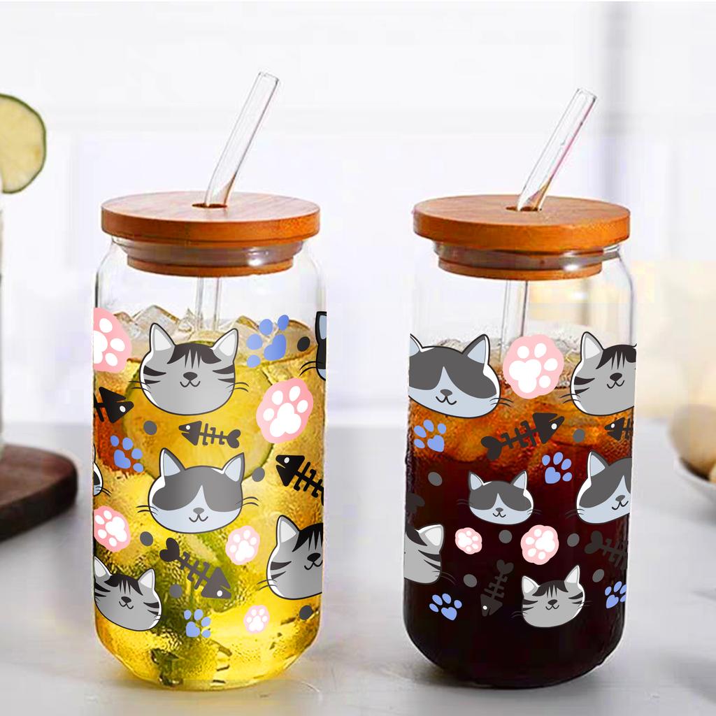Roztomilý kočičí vzor 3D tisk 16oz skleněný hrnek Mason zavařovací sklenice láhve na vodu s bambusovým víčkem a brčkem sklenice na pití hrnek na sodu ledovou kávu