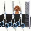 Pet Grooming Scissors Set: 6-Inch Fish Mouth Safe, Blue Screw, Pink Finger Loops, Straight & Thinning Shears, Steel Comb