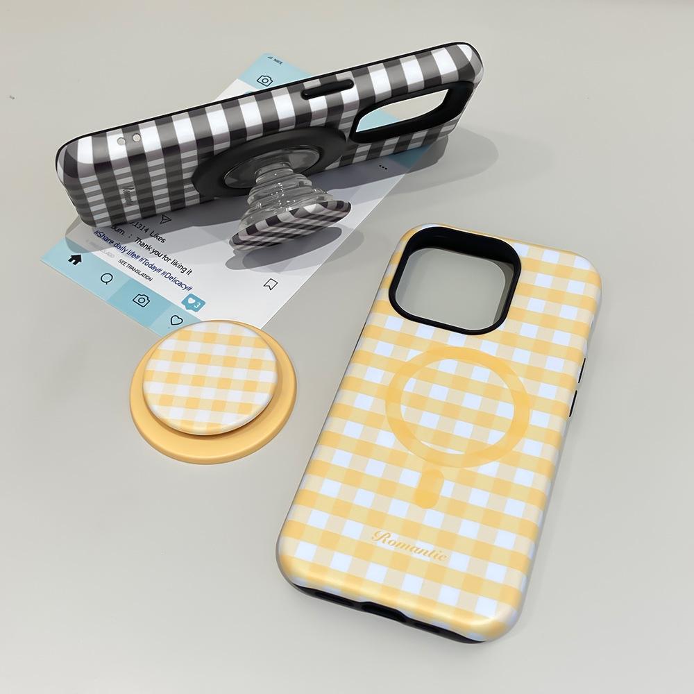 Korean plaid magnetic suction 2-in-1 suitable for Apple 16Promax mobile phone case 17 bracket 15 protective case 13/11