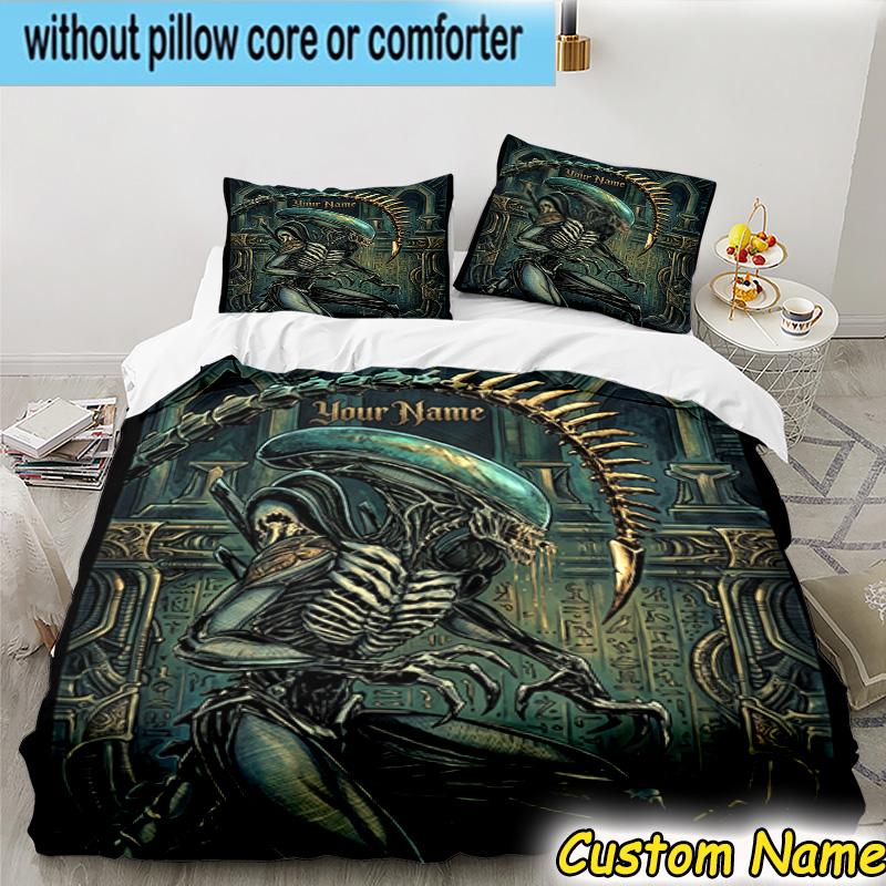 3pcs Custom Name Alien Artwork Bedding Set Includes 1 Duvet Cover & 2 Pillowcases for All Seasons Dormitory Home Decor Christmas Gifts