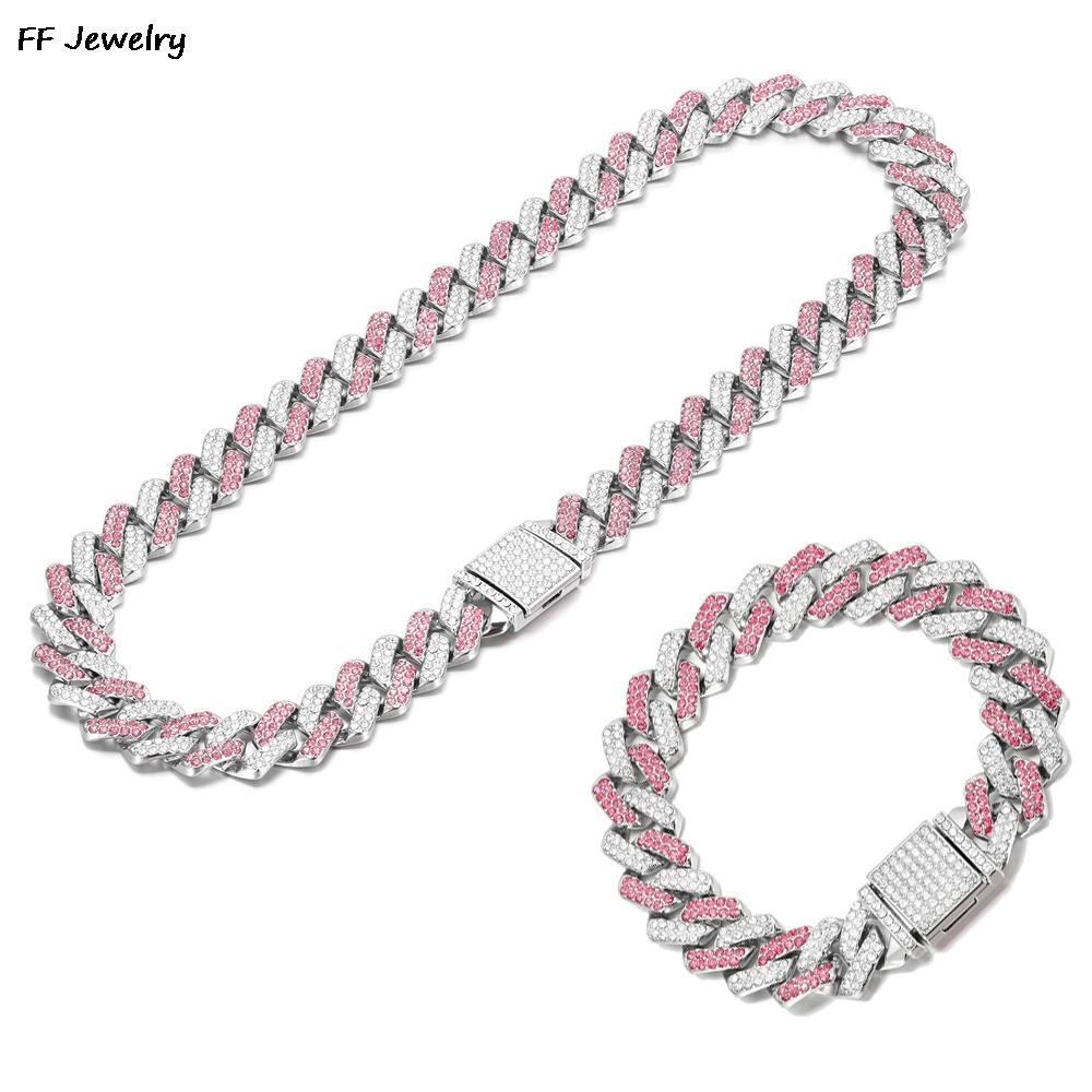 Necklace+Bracelet Cuban Link Chain Hip Hop Men Necklace 14mm Iced Out Paris Chain 2 Row Rhinestone Paved Miami Rhombus Cuban