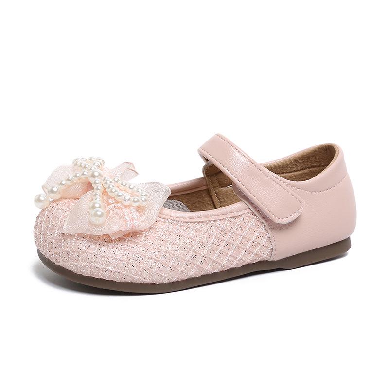 Kids' Princess Bow Shoes - Soft Sole, Pearl Accent, Spring/Autumn Style