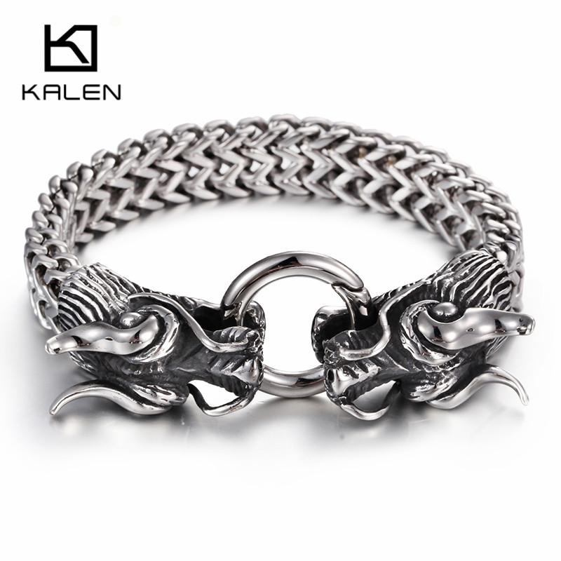 Chinese Dragon Head Charm Bracelets for Men Gold Color 316 Stainless Steel Jewelry High Polished Curb Chain Bracelet