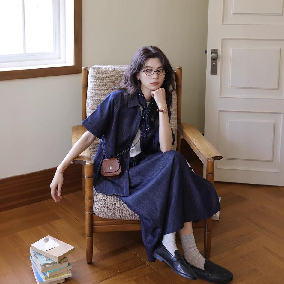 

Летняя литература и искусство маленький свежий свободный ленивый повседневный тонкий джинсовый с коротким рукавом рубашка топ женский L