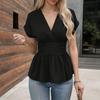 Women Tops V-neck Raglan Short Sleeve Shirt Pleated Hem Solid Color Waist-Hugging Regular Fit Tops Daily Wear