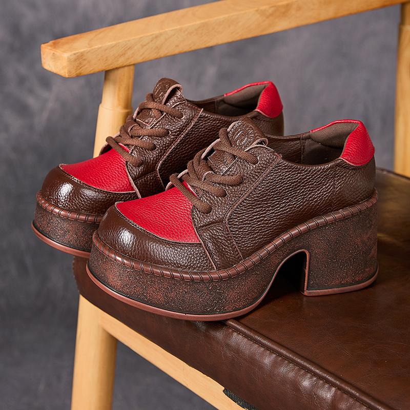 Fashion GKTINOO 2025 Autumn New Lace Up Retro Genuine Leather Shoes Pumps Mixed Colors Thick Soled Comfortable Women's Platform Shoes