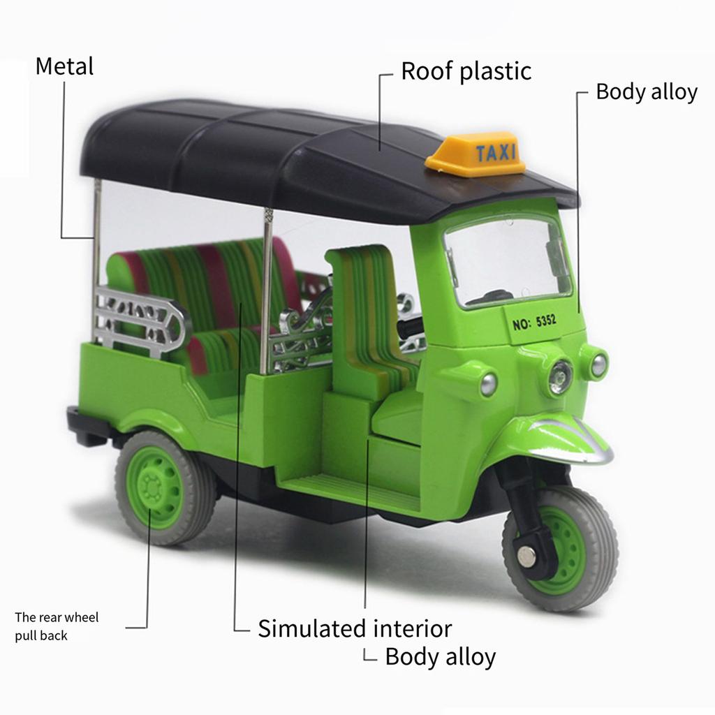 Thai Tricycle Model Simulated Toy Alloy Tuk Tuk Model for Kids and Collectors in Bright Color with Alloy Construction