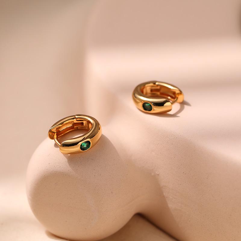 Women 18k Gold Plated Brass Small Plain Hoop Earrings Inlaid Green Zircon