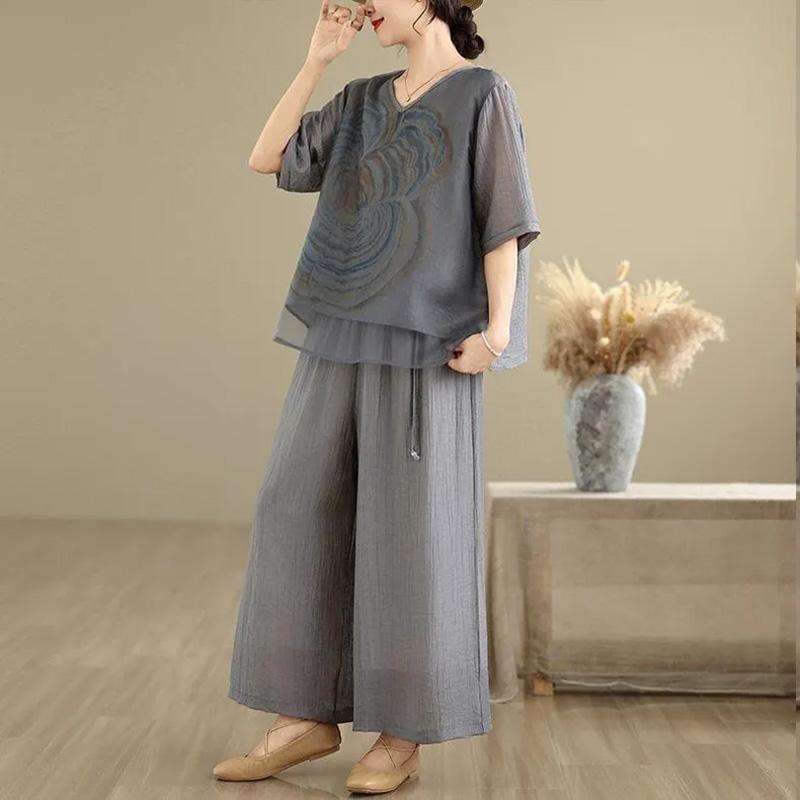 

Женский костюм большого размера из хлопка, хлопковая футболка, брюки, двухпредметный, свободный, льняной, с коротким рукавом, топ и длинные брюки, костюм из 2 предметов M серый