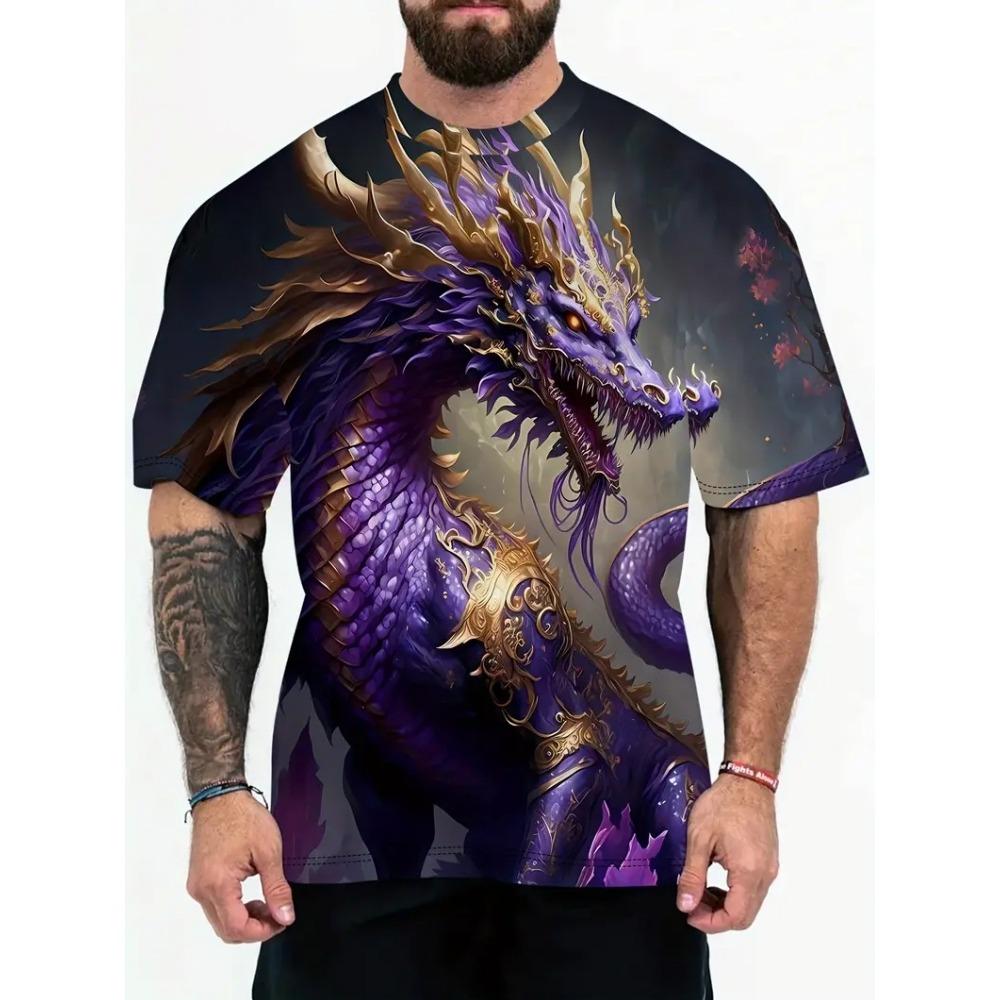 Men's T-shirt Dragon Print T-Shirt Stylish Streetwear Crew Neck T-shirt Outdoor Casual Plus Size Tees Top Women Clothing