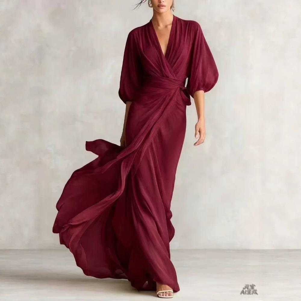 Abito Maxi da Donna con Scollo a V e Maniche a Palloncino, Vestibilità Aderente, Vita Alta, Elegante, Wrap, Lungo