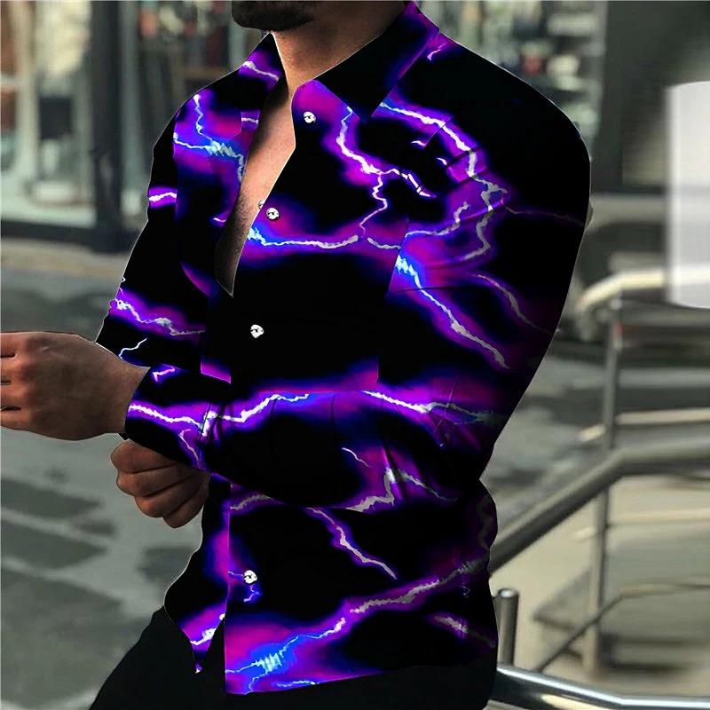 Men's Long-sleeved Shirt with Trendy Purple Lightning Flash Print Design, Stylish and Casual Open-front Top, Sizes