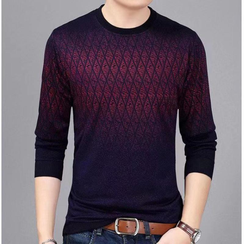 Spring Autumn Paisley Gradient Men Long Sleeve Sweaters Round Neck Thin Knitting Printing Loose Elastic Jacquard All-match Tops