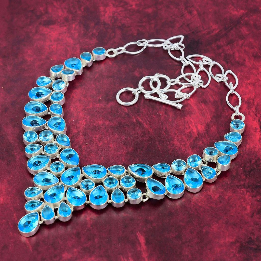 Blue Topaz 925 Solid Sterling Silver Necklace with Adjustable Chain, Handmade Gemstone Jewelry Necklace For Memorial Day
