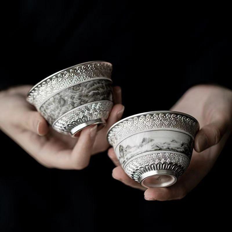 Master Cup Exquisite Sterling Silver lver Landscape Master Cup Ceramic Chinese Household Teacup Tea Cup Tea Set