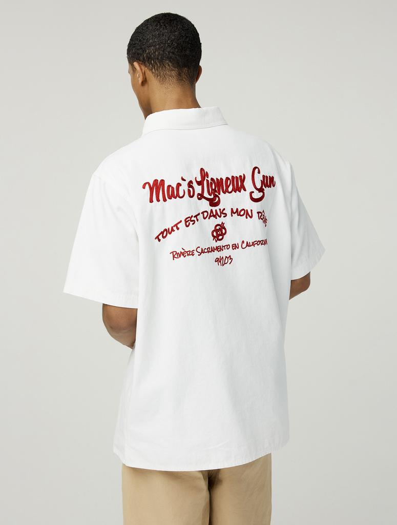 MAGOODGAN Labor 2905 Yellow Chain Embroidery Oversized Navy Short Sleeve Shirt
