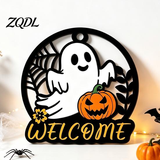 Autumn Seasonal Welcome Decor Halloween Ghost Pumpkin Round Wooden Door Hanger, Wall Plaque Hanging with Rope Rope, for Front Living Room Party