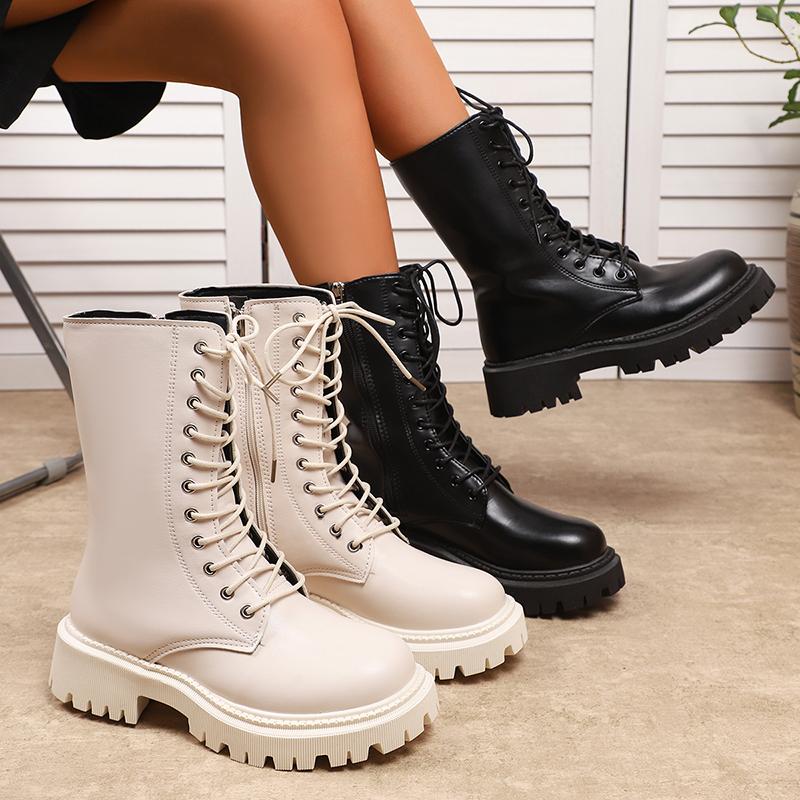 Fashion Fashion Black PU Leather Mid Calf Boots Women Thick Sole Non Slip Combat Boots Woman Autumn Winter Lace Up Platform Botas Mujer
