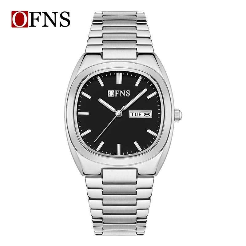 Oufanni Ladies  Quartz Watch with Double Calendar and Steel Band – Elegant, Fashionable Design with Bar Numerals.