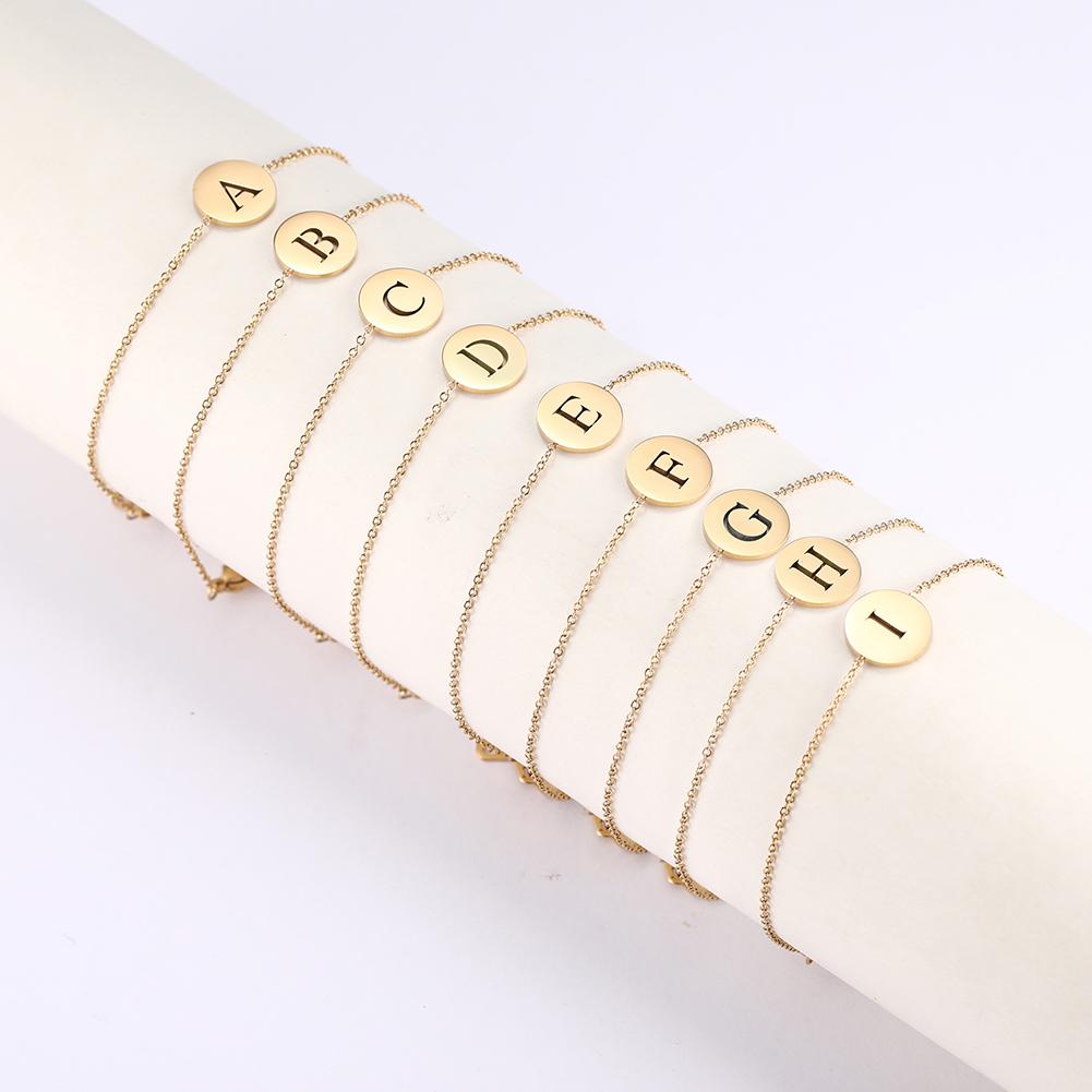 Cazador 26 Alphabet Initial Letters Bracelet Round Pendant Stainless Steel Bracelet for Women Kids Baby Gold Color Jewelry