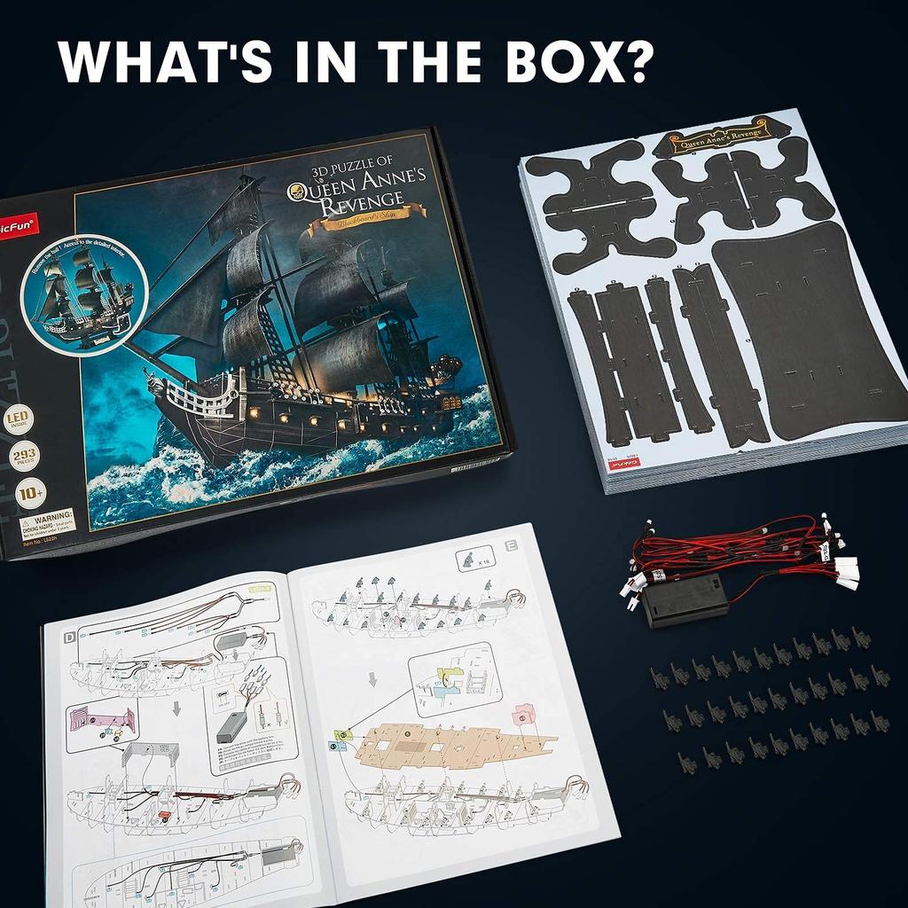 3D Puzzle for Adults Movable LED Pirate Ship Halloween Decoration Detailed Interior Large Queen Revenge Yacht Desk Puzzle Challenging 3D Puzzle with