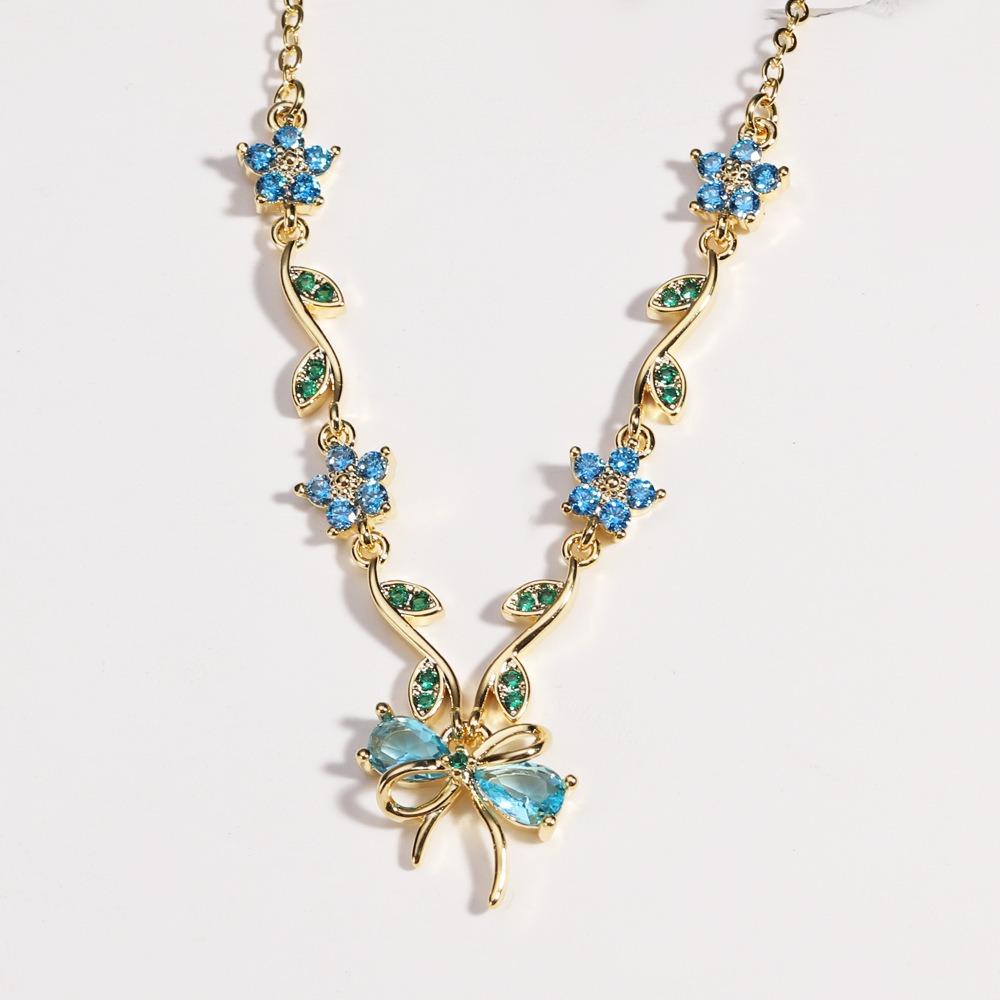 Flower Bow Necklace Pendant Shiny Pendant Chain Delicate Bowknot Rhinestone Necklace  Holiday