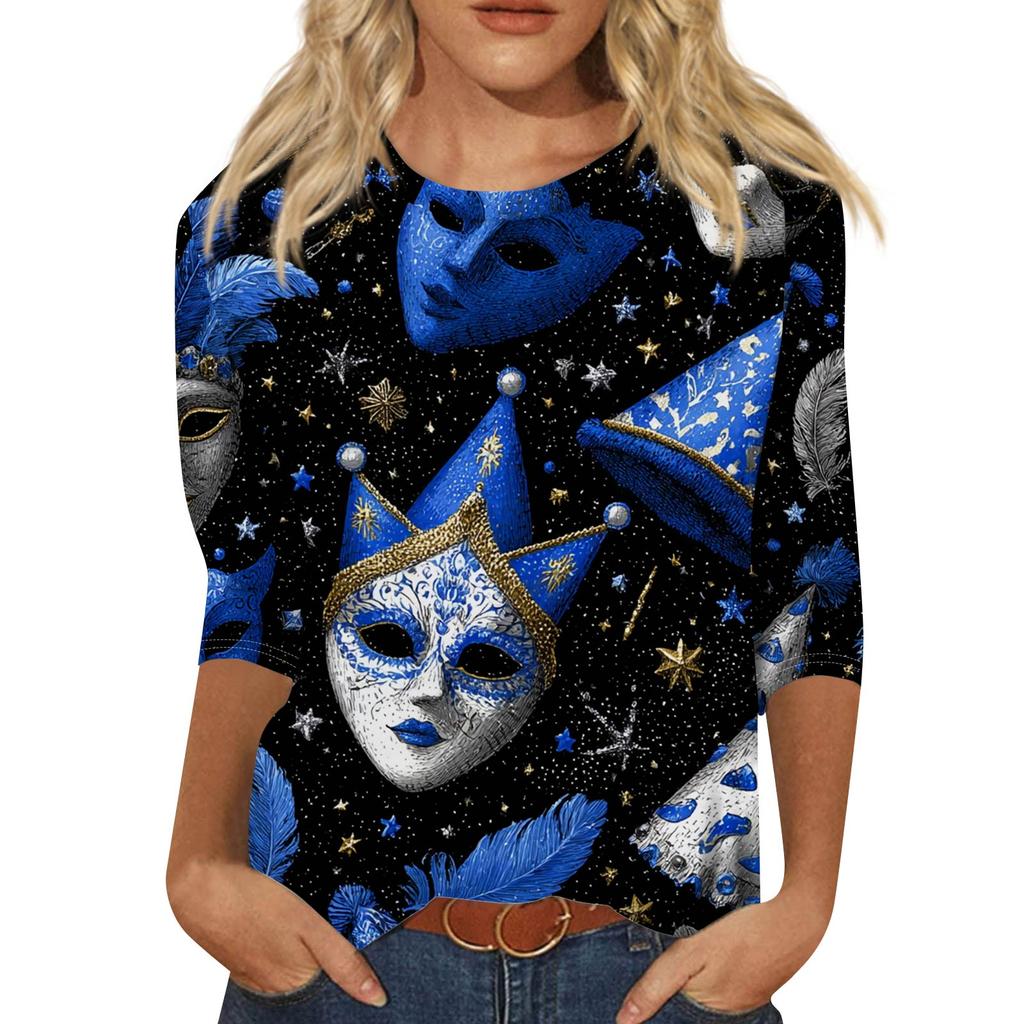 Top de Cuello con Estampado de Carnaval de Manga Tres Cuartos Casual y a la Moda para Mujer