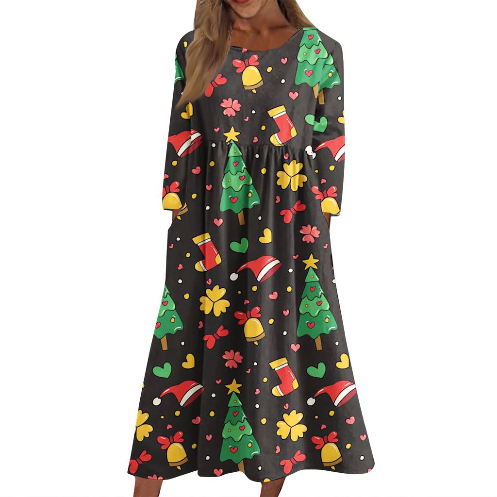 Rochie midi casual de damă cu gât rotund și imprimeu de Crăciun, cu mâneci lungi și buzunare