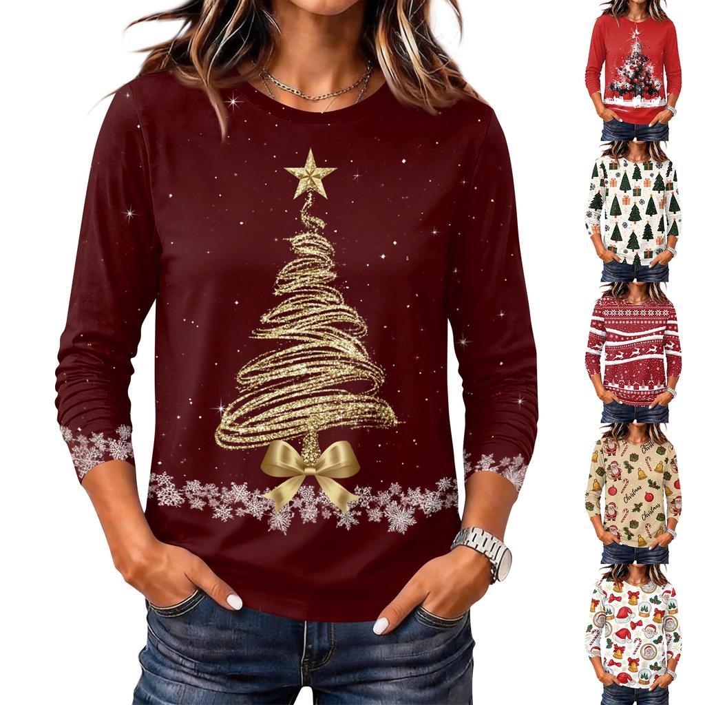 Women's Christmas Print Neck Long Sleeve Pullover Top