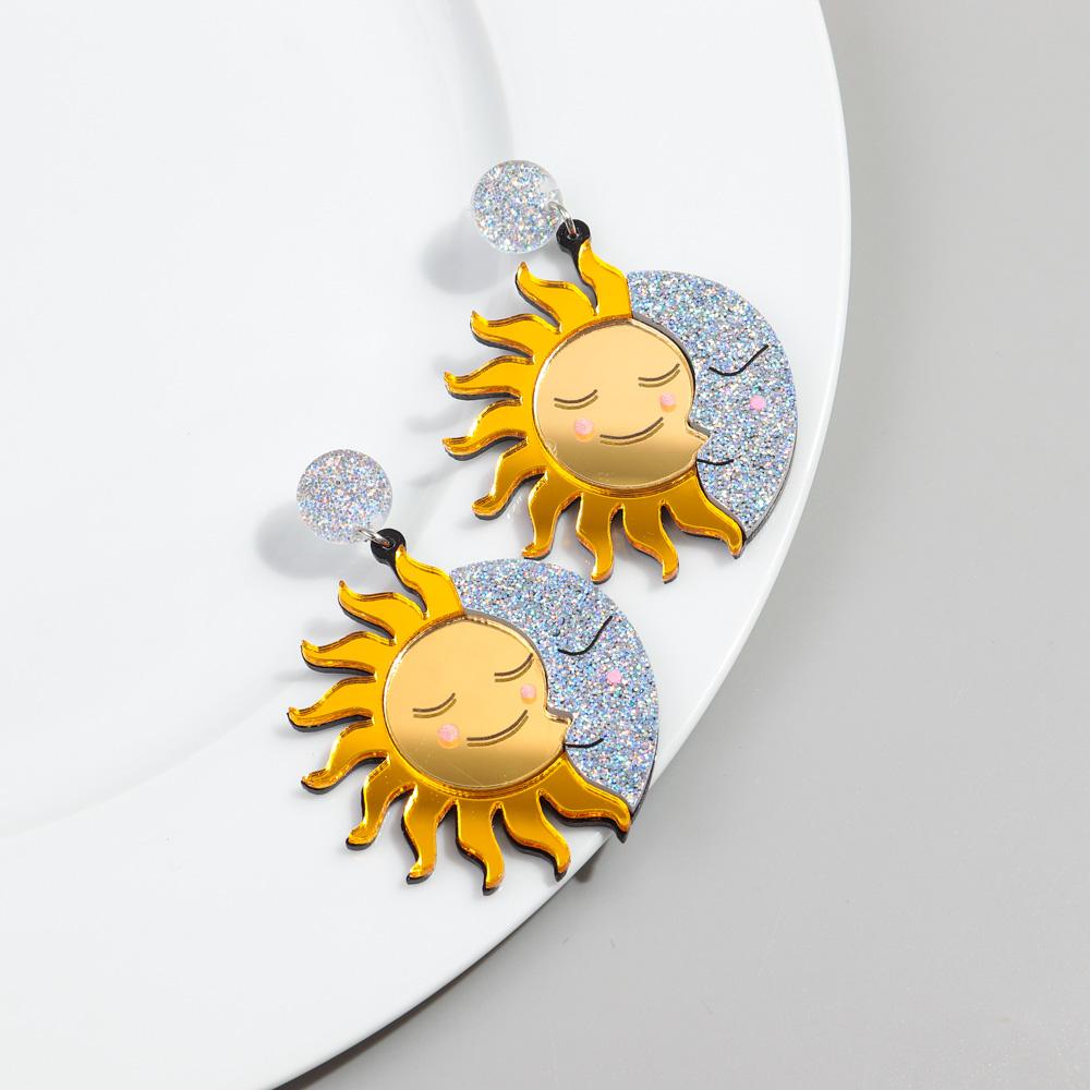 New Mirrored Acrylic Sun Moon Cloud Acrylic Earrings for Women Cute Smile Face Sunflower Asymmetric Pendant Earring Jewelry Gift