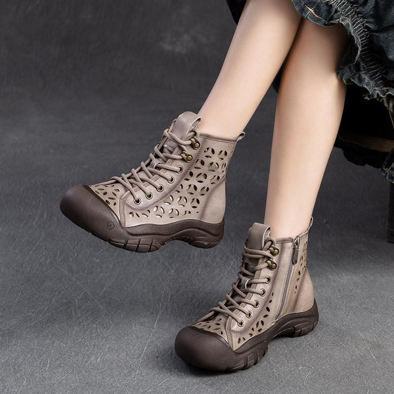 Fashion GKTINOO Summer Sandals Genuine Leather 2025 New Retro Breathable Hollow-out Boots Handmade Women Clogs Flats Shoes