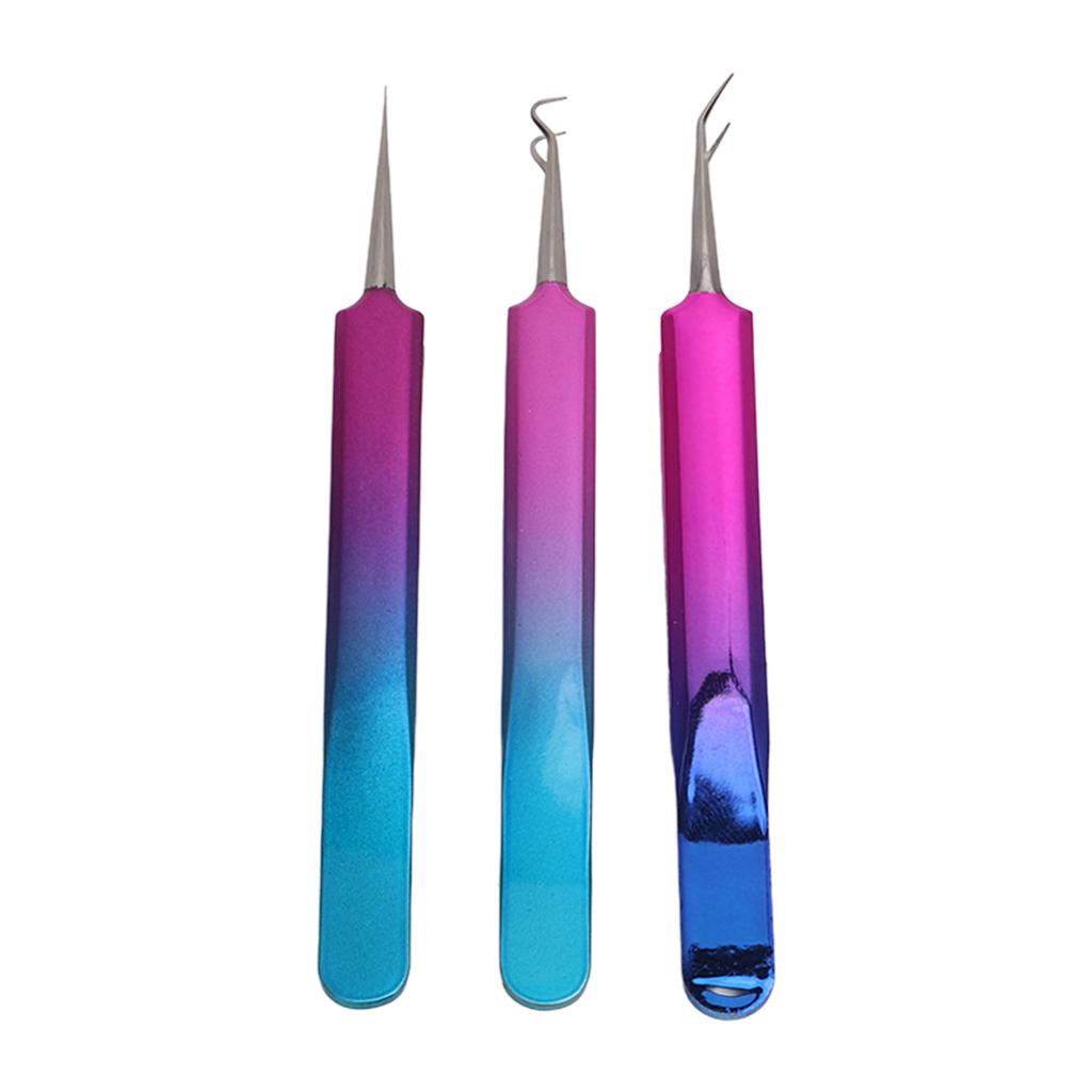 3pcs Blackhead Remover Tools with Stainless Steel Straight Head Curved Head Slant Tip Tweezer Clips