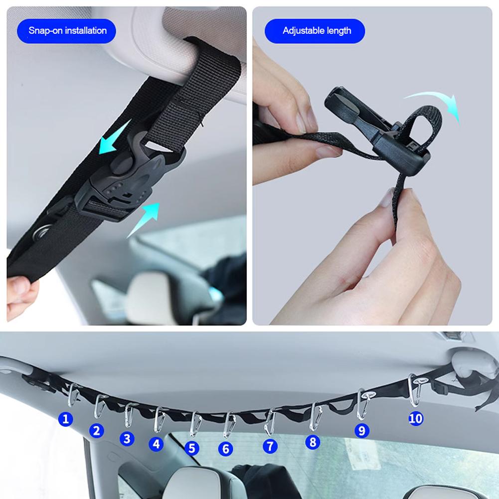 Car Adjustable Double-layer Hanging Strap for Clothes Hanger Bar Car Travel Clothesline Flexible Storage Strap with Eight Hooks