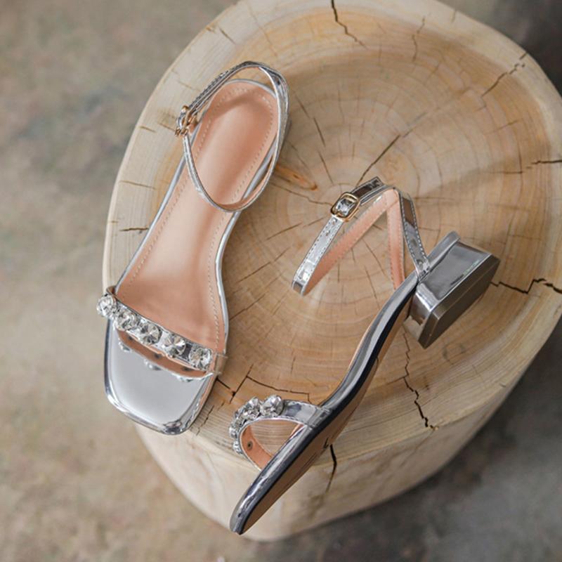 Fashion Rhinestone Rivets Med-high heels sandals women gold/silver ankle strap gladiator sandalias ladies crystal party/dress shoes