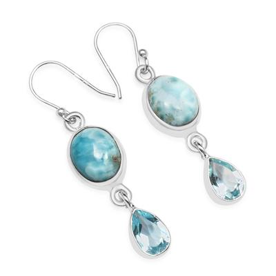 Natural Larimar & Blue Topaz Gemstone Earrings, 925 Sterling Silver, Dangle Drop Earrings, Handmade Earring Jewelry, Gift for Easter