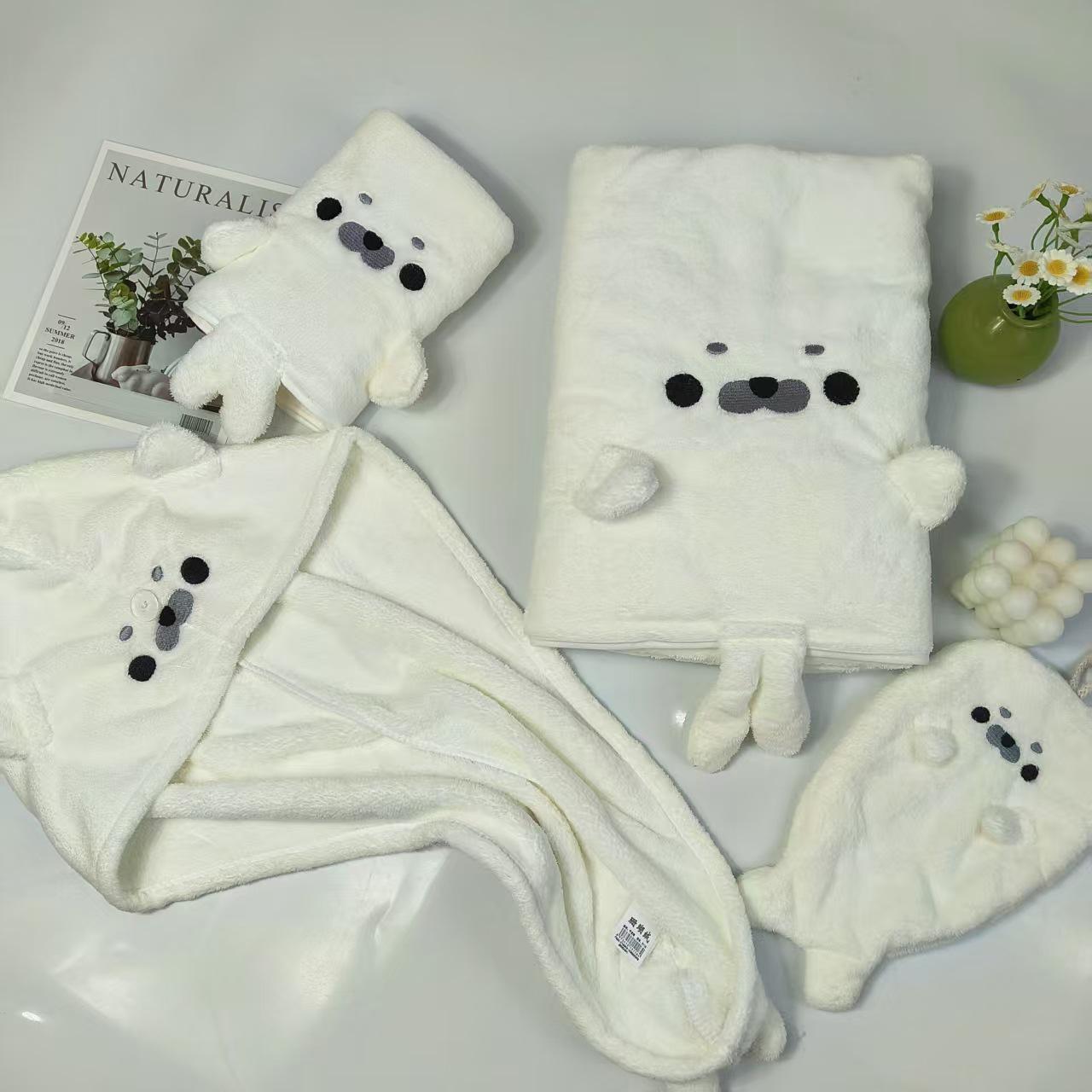 Coral Fleece Cartoon Seal Hair Drying Cap - Quick-Dry, Highly Absorbent Student Bath Towel Hand Towel